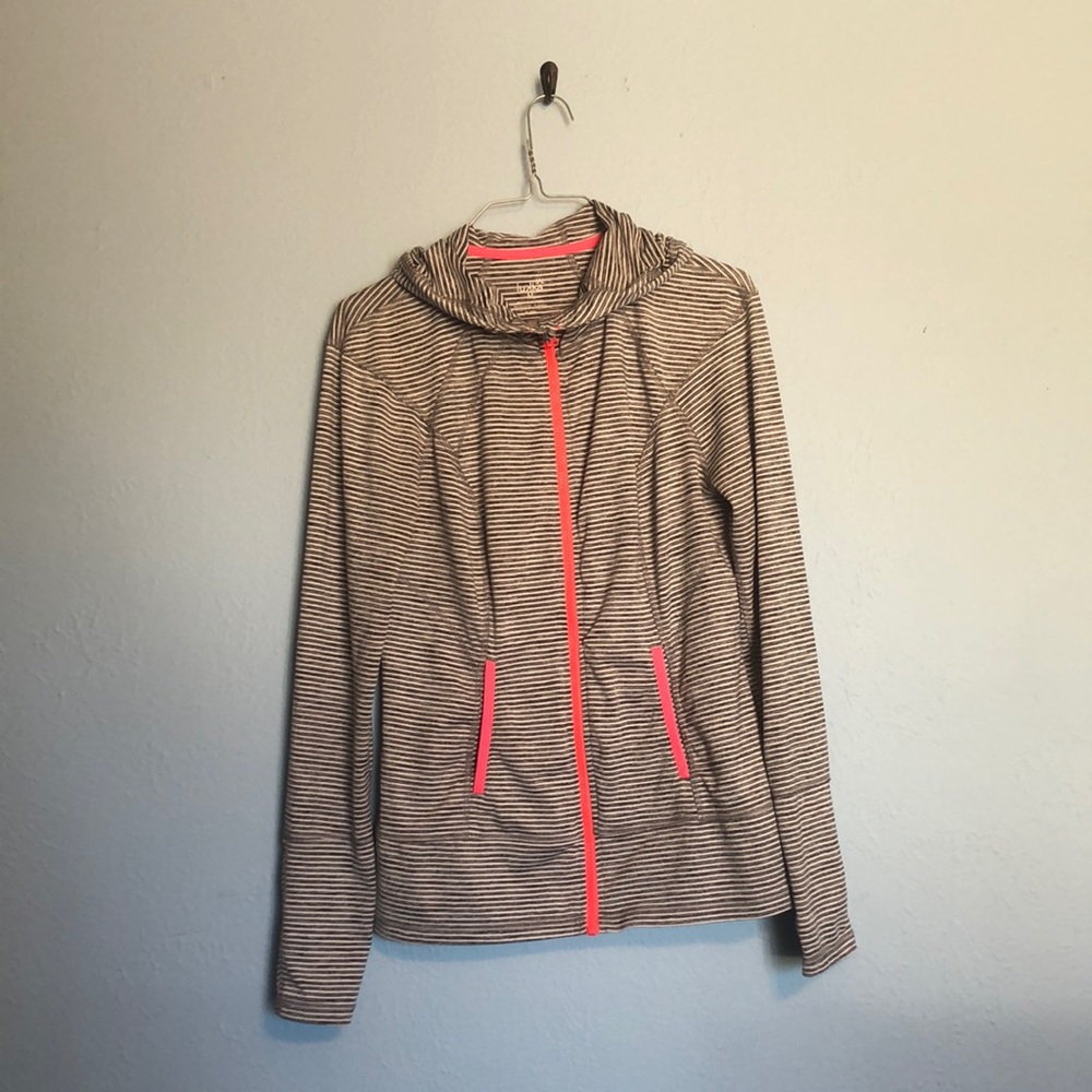 lukka Women’s Size M Athletic Hoodie Jacket Gray Neon Pink Zipper Thumb Holes LS